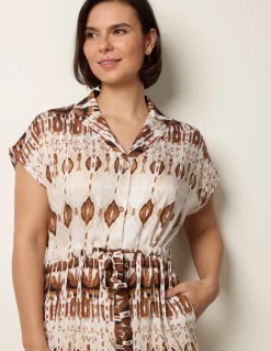 Drawstring Printed Midi Shirt Dress