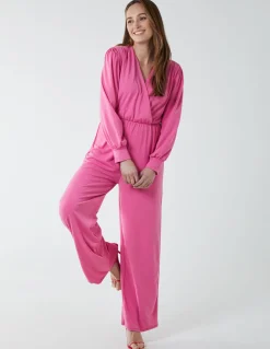 Elasticated Waist Crossover Long Sleeve Jumpsuit