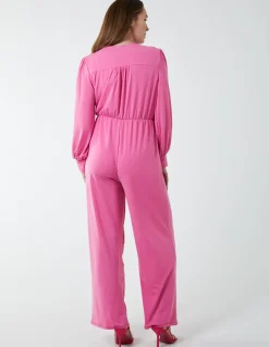 Elasticated Waist Crossover Long Sleeve Jumpsuit