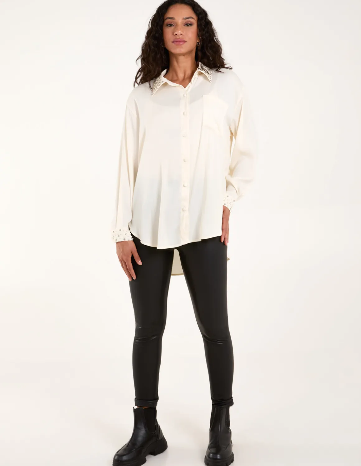 Embellished Collar & Cuff Satin Shirt