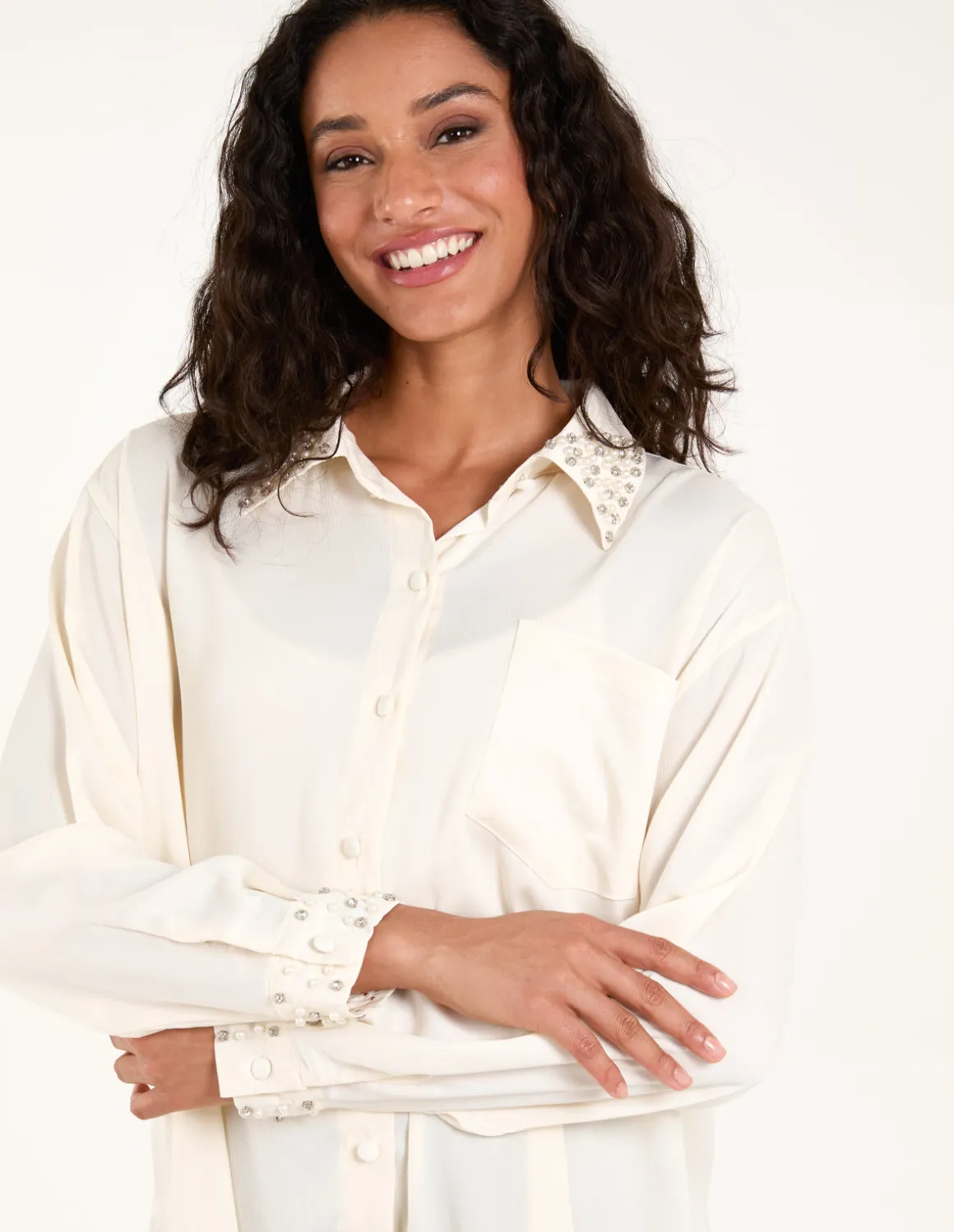 Embellished Collar & Cuff Satin Shirt