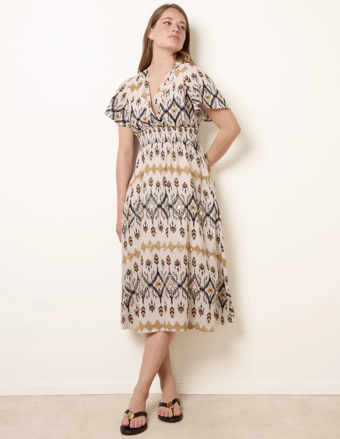 Embroidered Wrap Front Midi Dress