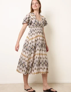 Embroidered Wrap Front Midi Dress