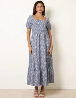 Embroidery Puff Sleeve Midi Dress