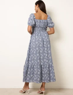 Embroidery Puff Sleeve Midi Dress