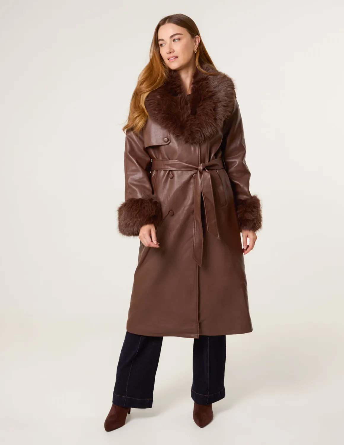 Faux Fur Cuff & Collar Coat