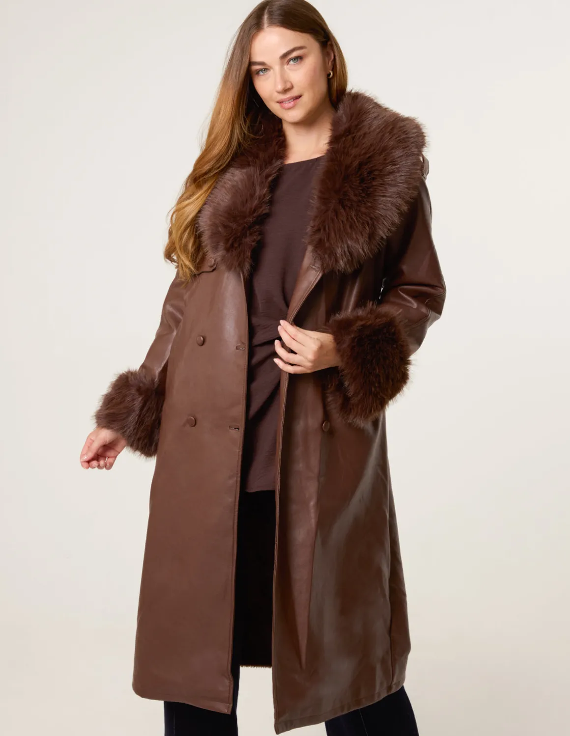 Faux Fur Cuff & Collar Coat