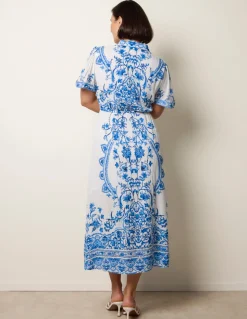 Floral Blue Print Drawstring Dress