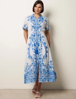 Floral Blue Print Drawstring Dress