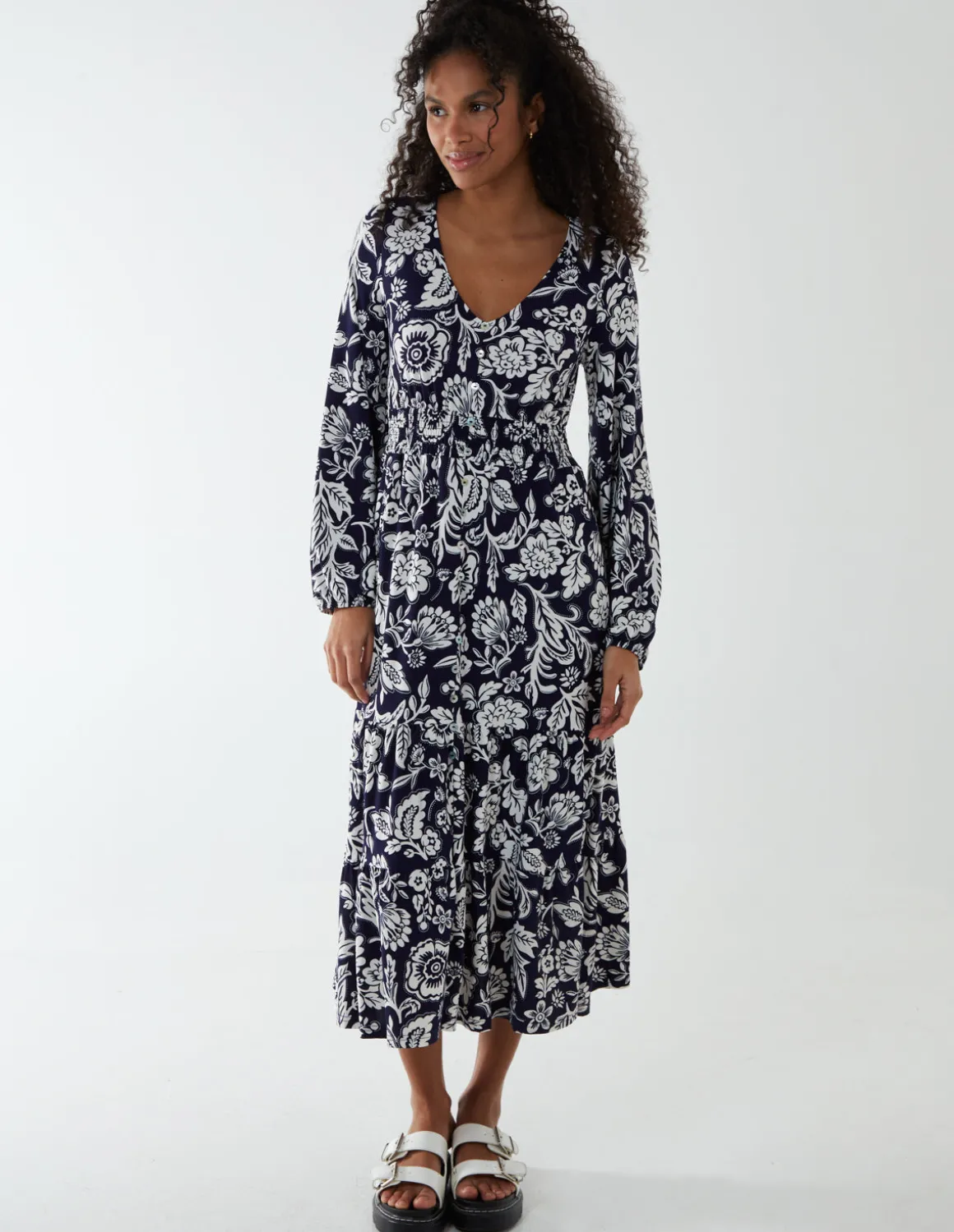 Floral Button Front Midi Dress
