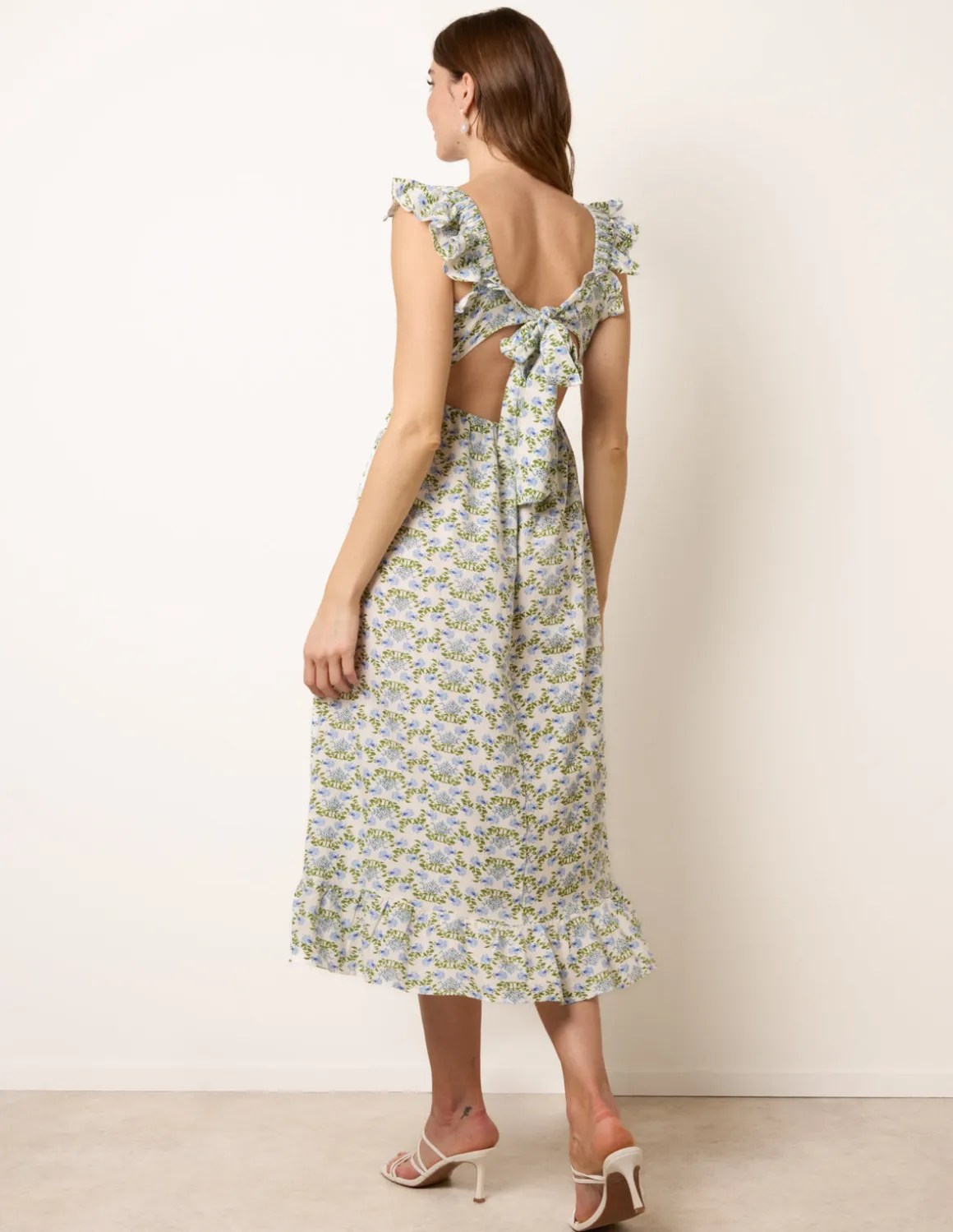 Floral & Frill Shirred Bodice Midi Dress