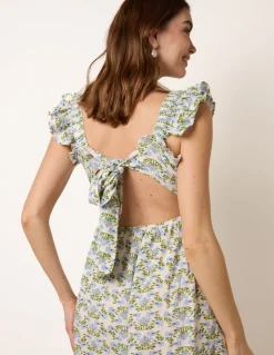 Floral & Frill Shirred Bodice Midi Dress