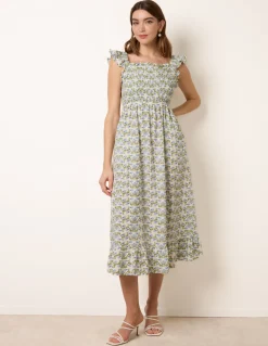 Floral & Frill Shirred Bodice Midi Dress