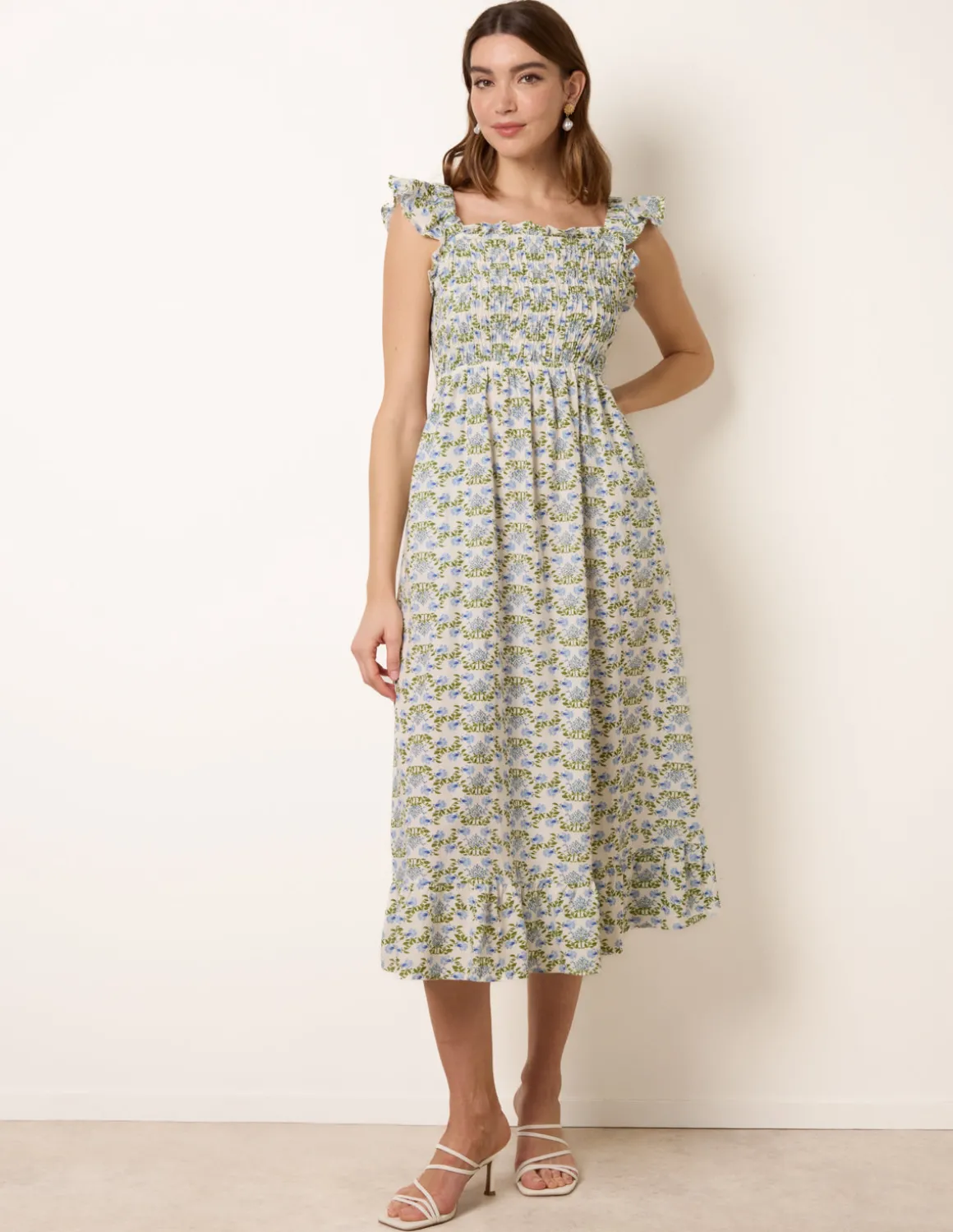Floral & Frill Shirred Bodice Midi Dress