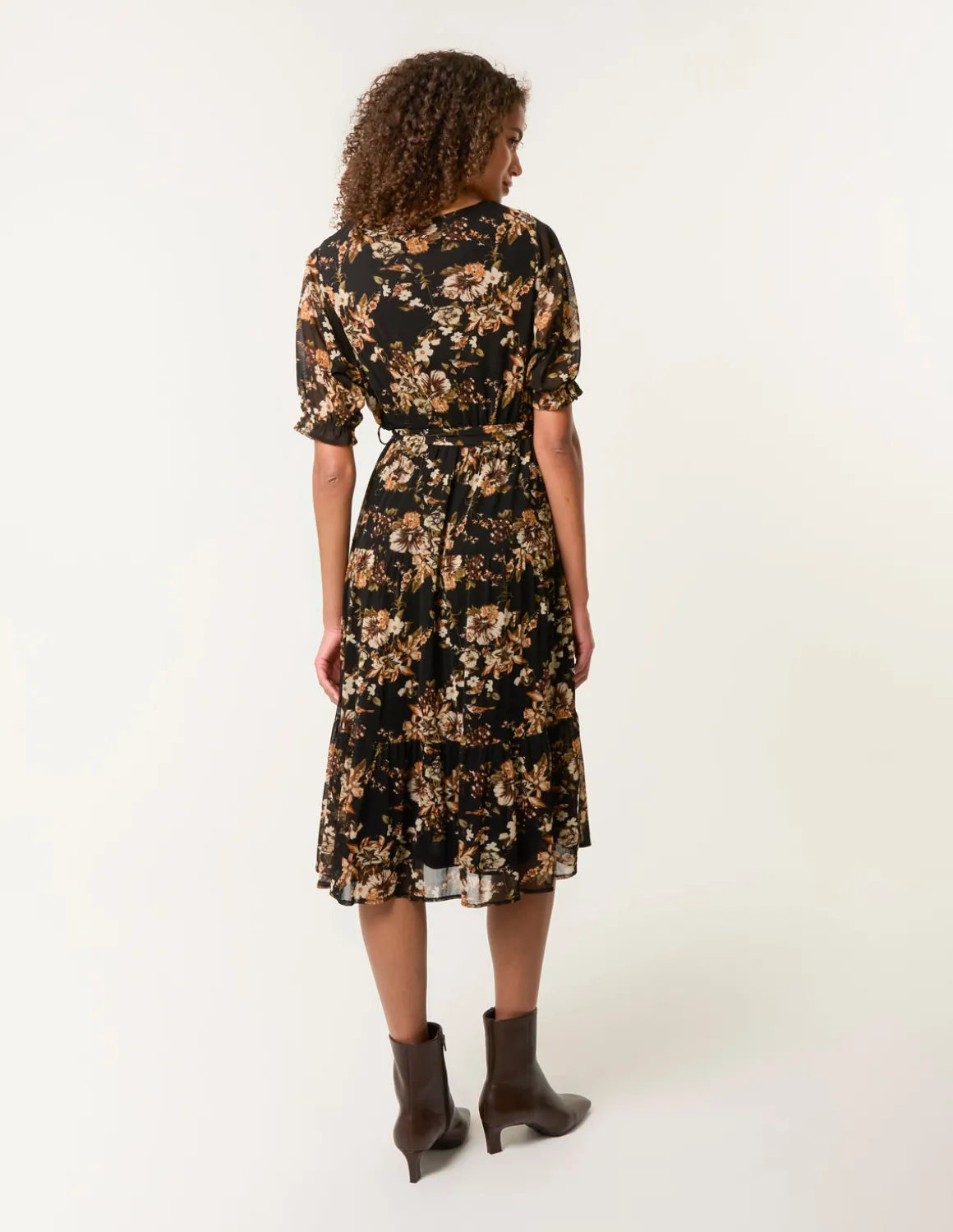 Floral Mesh Wrap Front Tiered Midi Dress