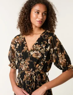 Floral Mesh Wrap Front Tiered Midi Dress
