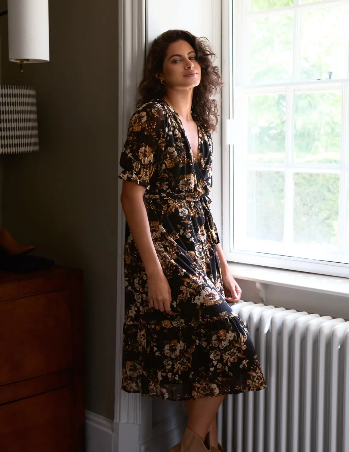 Floral Mesh Wrap Front Tiered Midi Dress