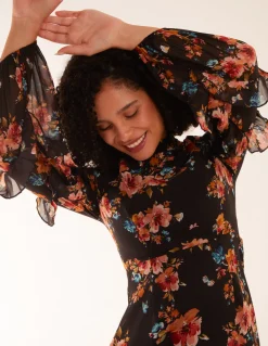 Floral Printed High Neck Midi Dress With Frill Sleeve Details
