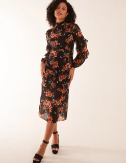 Floral Printed High Neck Midi Dress With Frill Sleeve Details