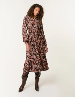 Floral Printed Shirred Waist Midi Shirt Dress