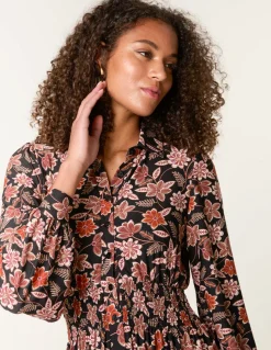 Floral Printed Shirred Waist Midi Shirt Dress