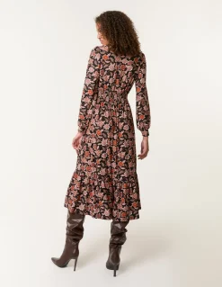 Floral Printed Shirred Waist Midi Shirt Dress
