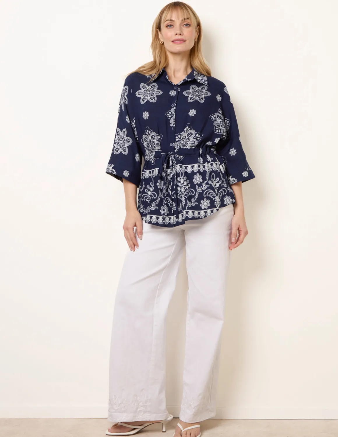 Floral 3/4 Sleeve Tie Waist Shirt