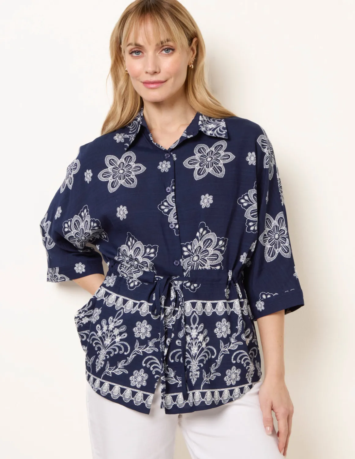 Floral 3/4 Sleeve Tie Waist Shirt