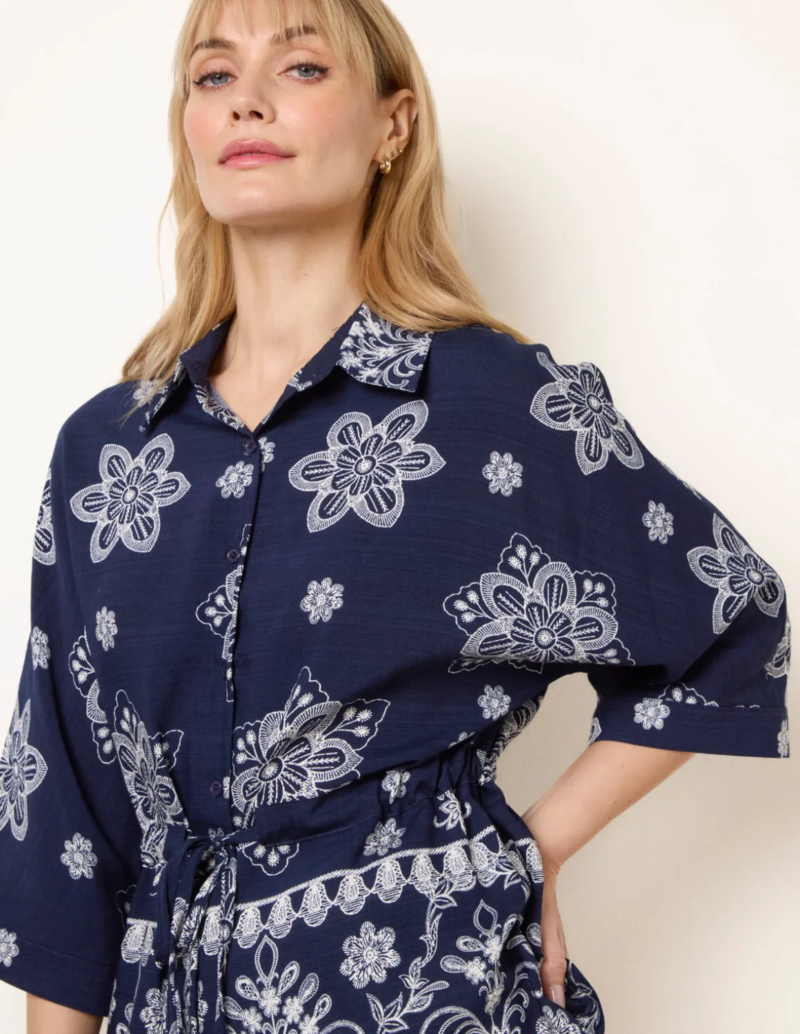 Floral 3/4 Sleeve Tie Waist Shirt