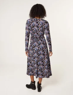 Floral V Neck Wrap Long Sleeve Midi Dress