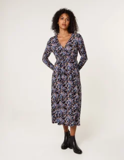Floral V Neck Wrap Long Sleeve Midi Dress