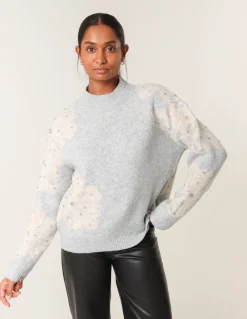 Flower Diamante Detailed Knitted Jumper