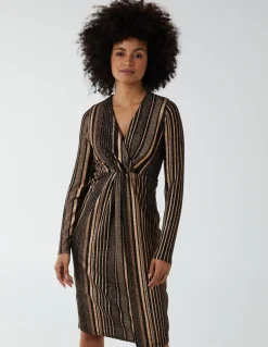 Foil Stripes Twist Front Midi Dress