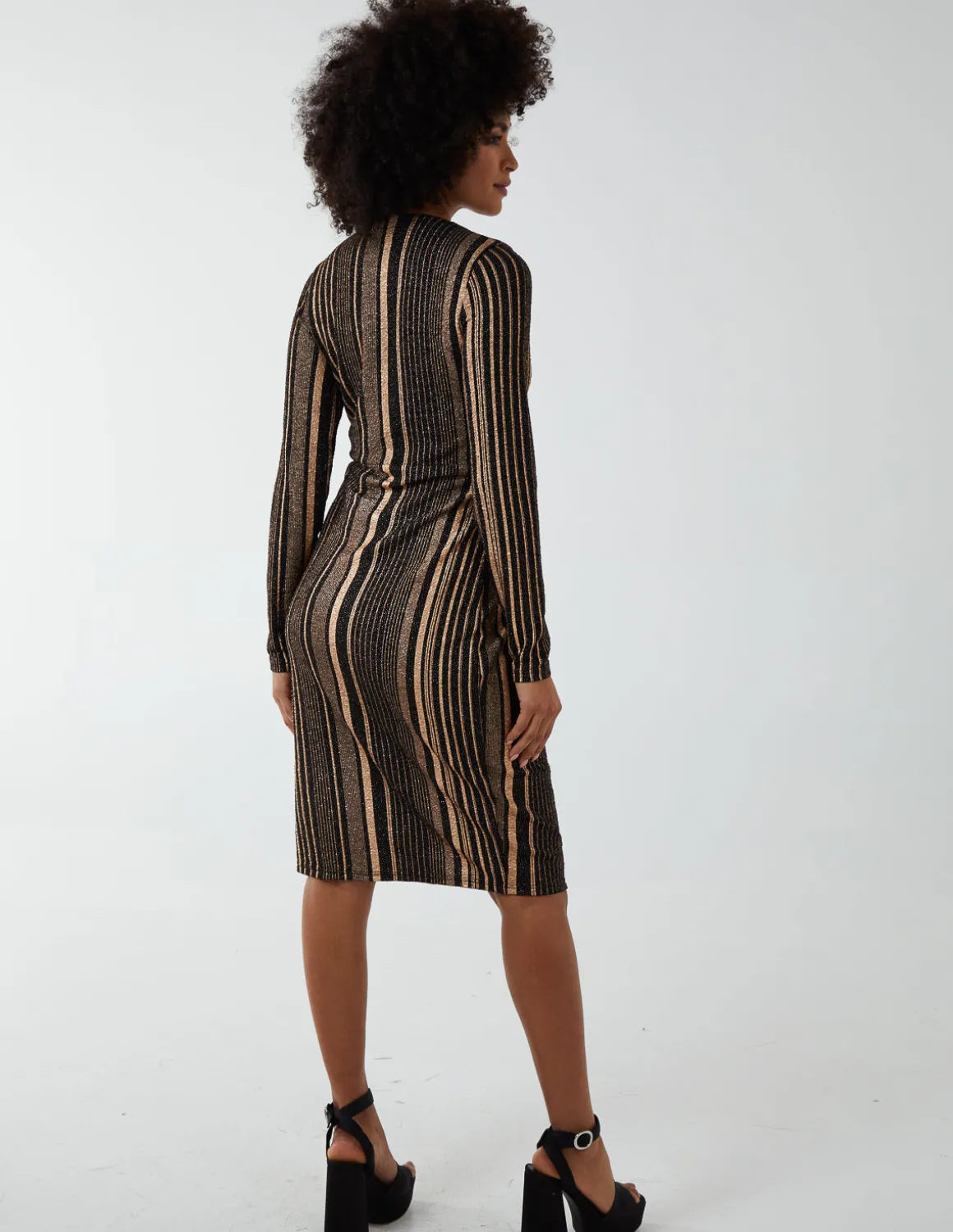 Foil Stripes Twist Front Midi Dress