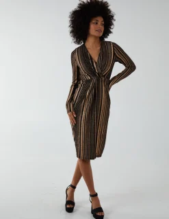 Foil Stripes Twist Front Midi Dress