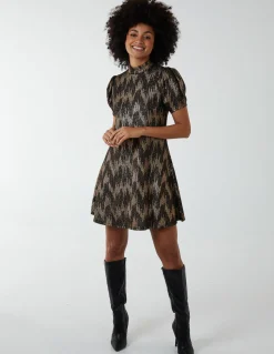 Foil Zig Zag Puff Sleeve Swing Dress