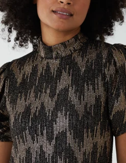 Foil Zig Zag Puff Sleeve Swing Dress