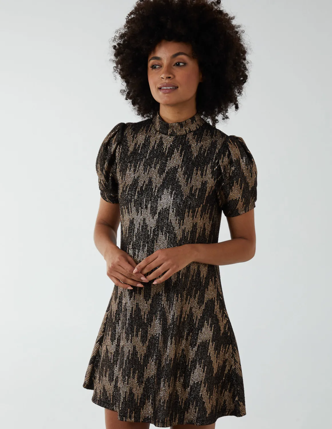 Foil Zig Zag Puff Sleeve Swing Dress