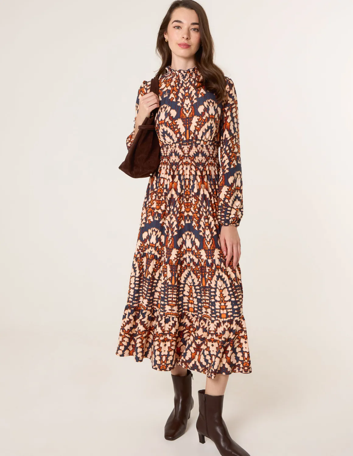 Frilled Shirred High Neck Shirred Waist Dress