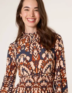 Frilled Shirred High Neck Shirred Waist Dress
