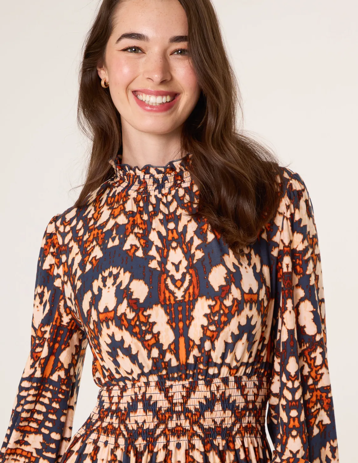 Frilled Shirred High Neck Shirred Waist Dress