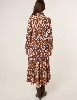 Frilled Shirred High Neck Shirred Waist Dress
