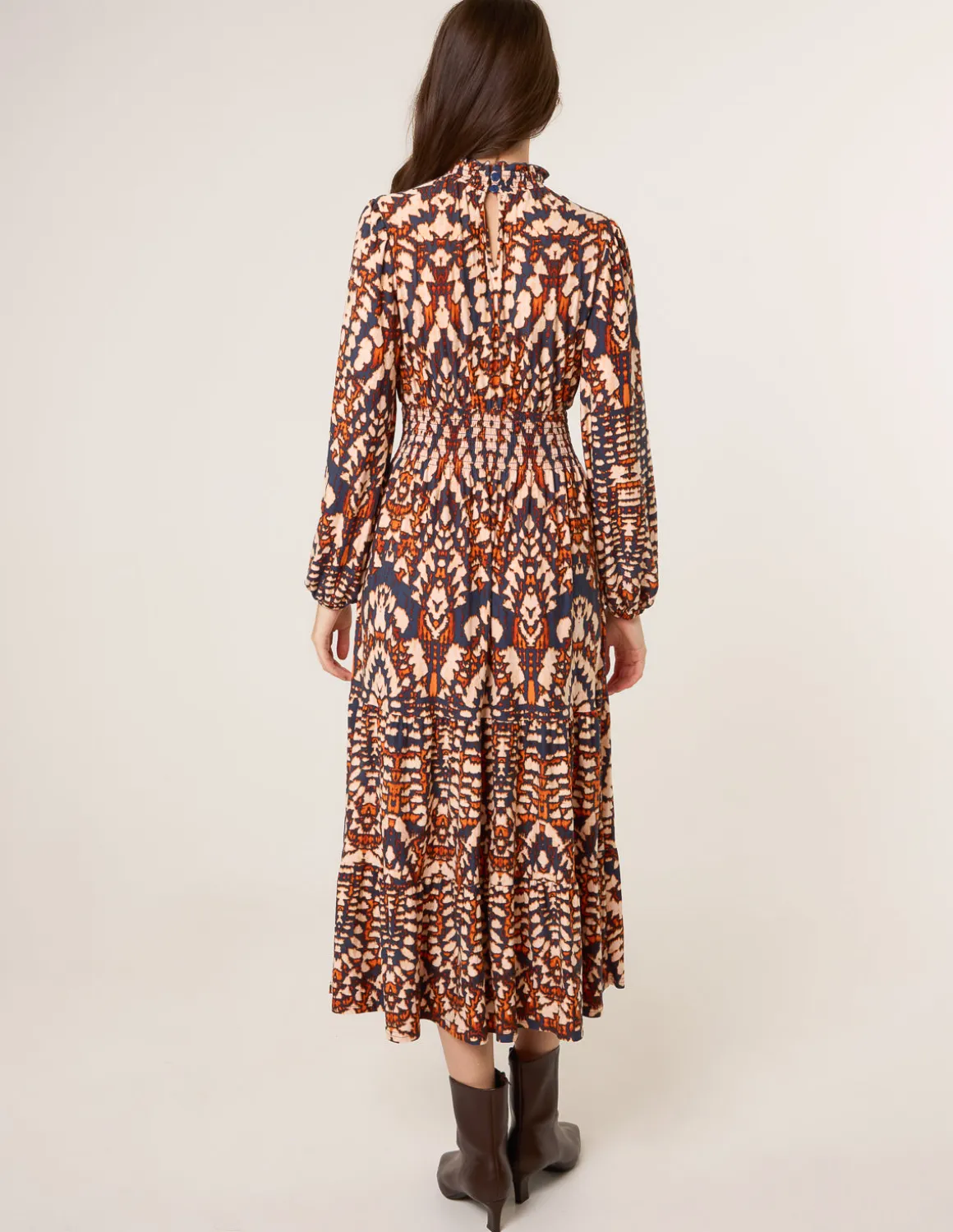 Frilled Shirred High Neck Shirred Waist Dress