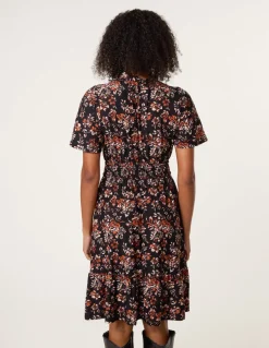Frill Neck Shirred Waist Mini Dress