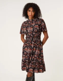 Frill Neck Shirred Waist Mini Dress