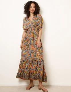 Gathered Sleeve V-Neck Maxi Dress