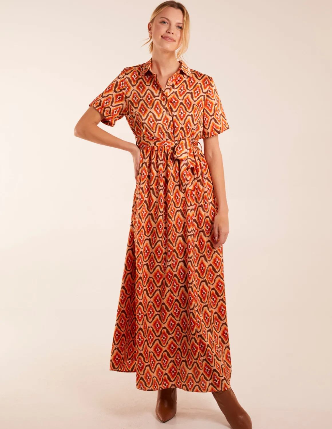 Geometric Belted Maxi Shirt Dress