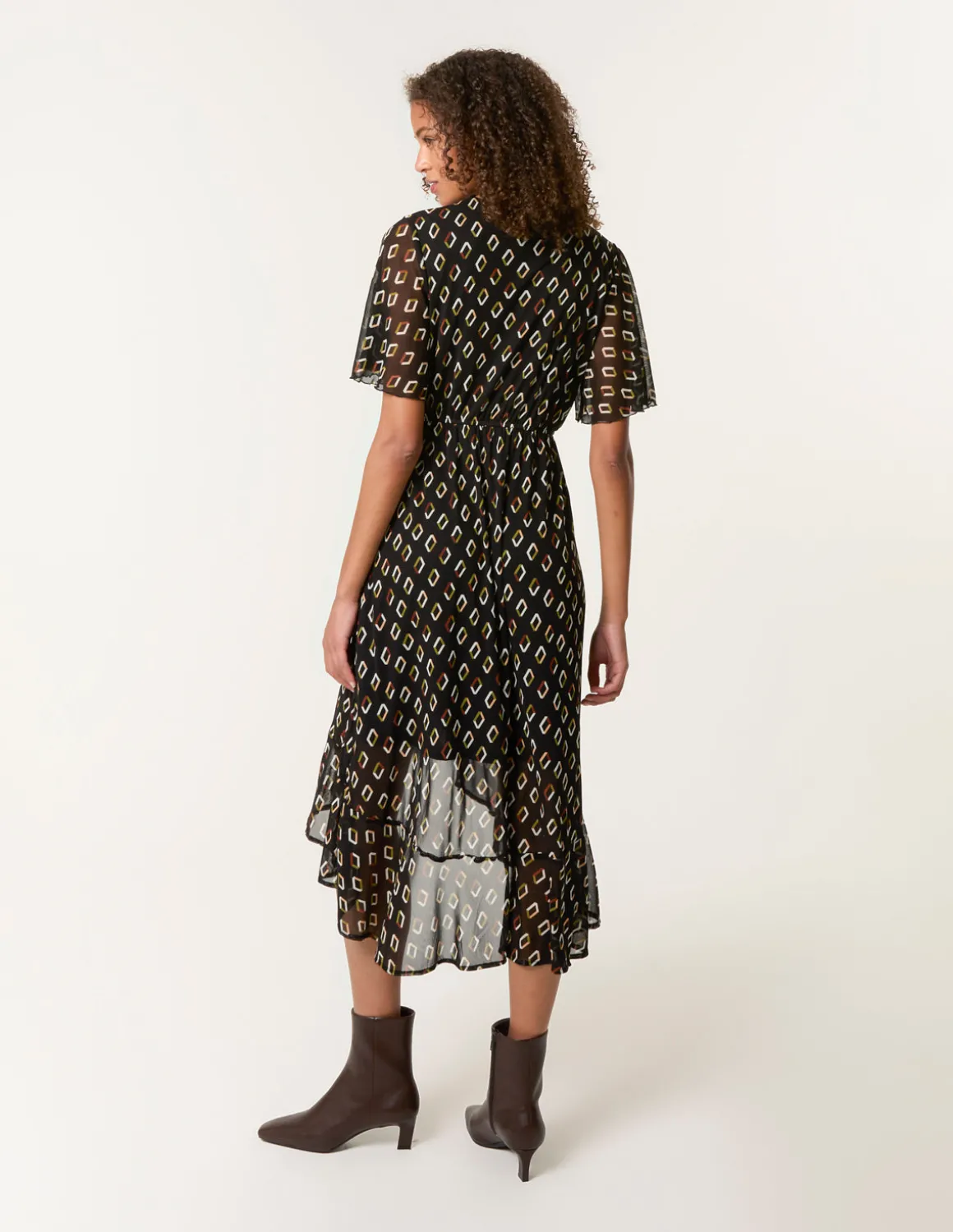 Geometric Mesh Ruffle Wrap Dress