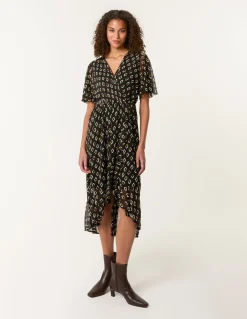 Geometric Mesh Ruffle Wrap Dress