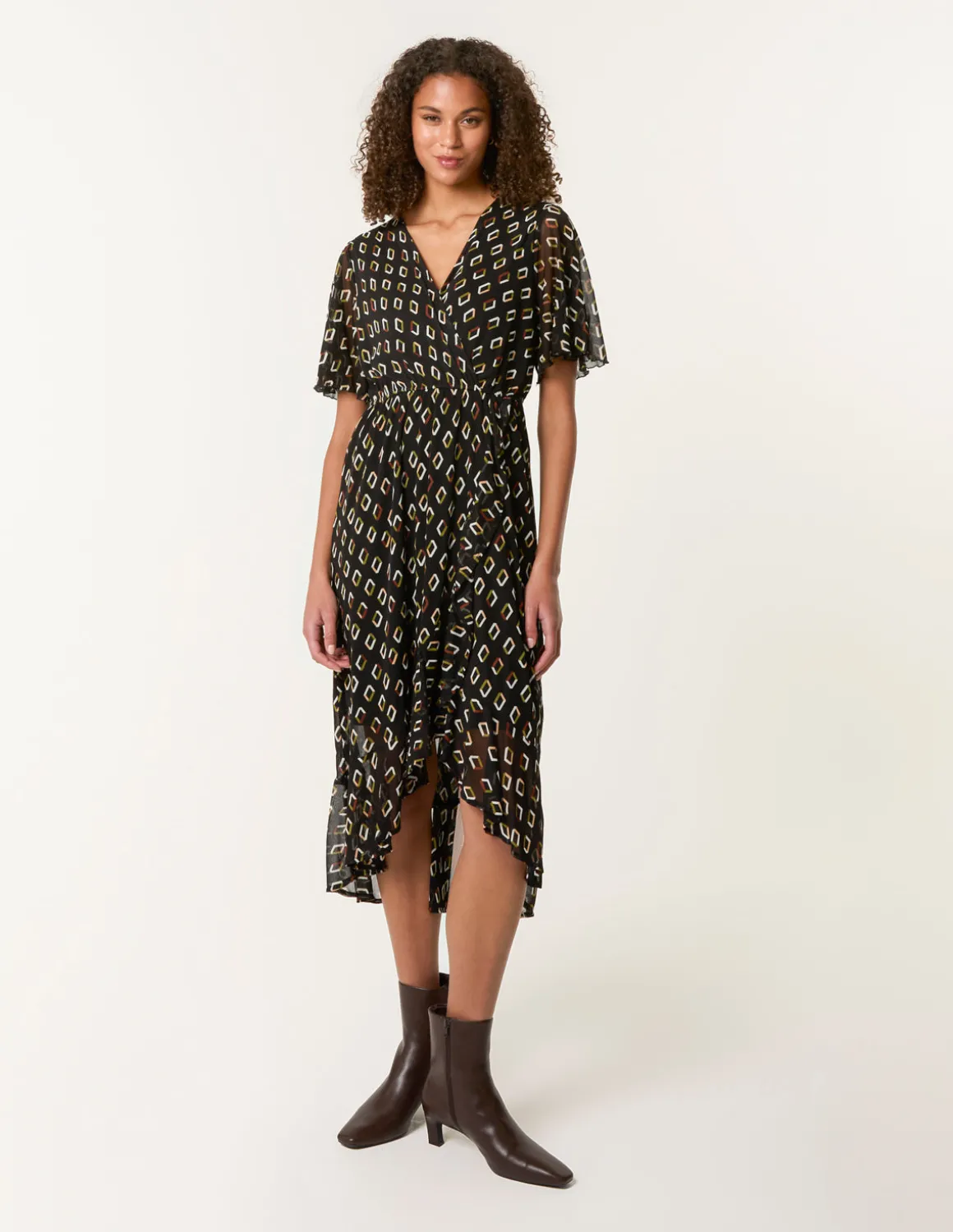 Geometric Mesh Ruffle Wrap Dress
